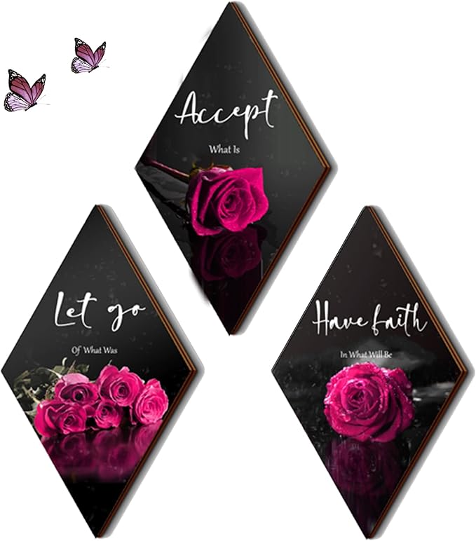 3 Pcs Pink Wall Decor Pink Rose Bathroom Decor Farmhouse Bedroom decor Inspirational Wood Office Wall Art with Accept Let Go Have Faith Sign for Girl Women Living Room Bedroom(12x7 Inch)