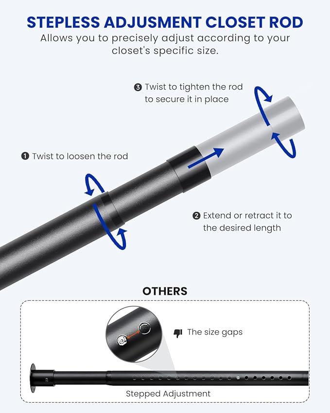 Closet Rods for Hanging Clothes, 17 to 159 Inches Stepless Adjustable Metal Closet Rod, 1.3 Inches Heavy Duty Clothes Hanging Rod for Closet Wardrobes Laundry RV, Black