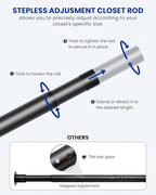 Closet Rods for Hanging Clothes, 17 to 84 Inches Stepless Adjustable Metal Closet Rod, 1.3 Inches Heavy Duty Clothes Hanging Rod for Closet Wardrobes Laundry RV, Black