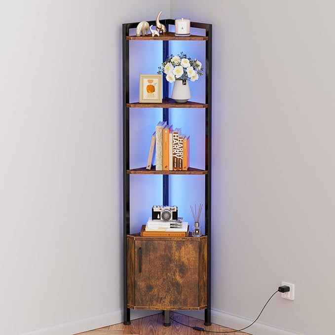 Furnulem Corner Shelf,5-Tier Corner Cabinet with Storage and LED Light, 62.8” Standing Display Bookshelf for Bedroom, Living Room, Kitchen, Wood Display Shelf (Rustic Brown)