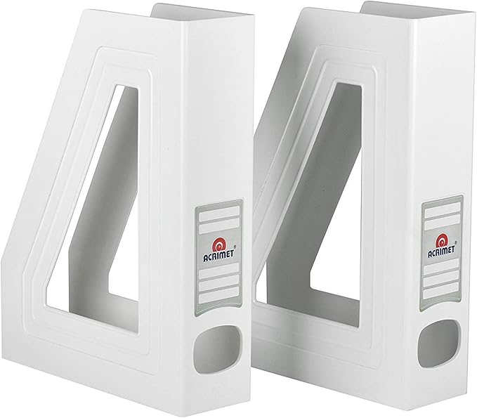 Acrimet Magazine File Holder Bin Storage, Vertical Rack for Documents, Folders and Mail, Durable Plastic Desk Organizer for Office & Home (White Color) (2 Pack)