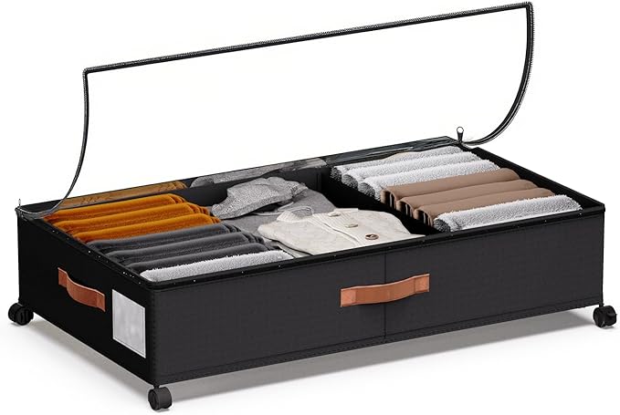 Under Bed Storage with Wheels - Rolling Underbed Containers with PVC Clear Lid & Dividers, 600D Oxford Fabric, PU Leather Handles, Adjustable Magic Tape Partition, XXL 66L (1, Black)