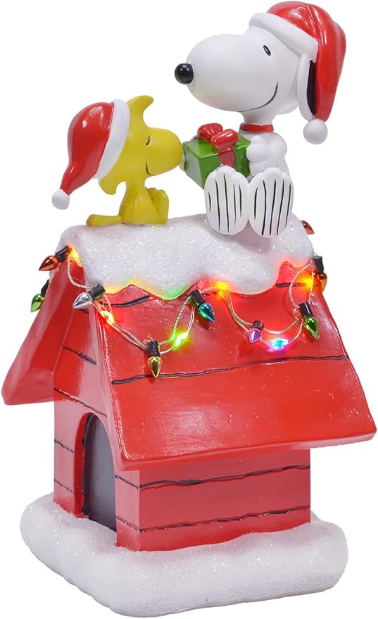 Mark Feldstein, Peanuts Snoopy's Dog House Tabletop Holiday Figurine with LED Christmas Lights, Red, 7.5 Inch
