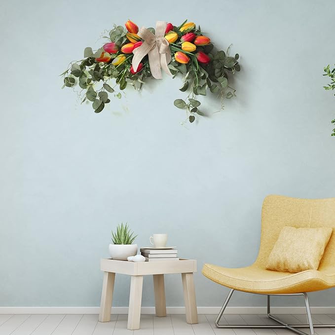 Artificial Tulip Flower Swag, 29.5in Decorative Swag with Fake Tulip Green Leaves Front Door Wreaths with Bow Rustic Artificial Floral Swag for Wedding Home Decor