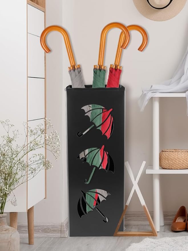 Metal Umbrella Holder, 16.5x6.3x6.3inch Square Free Standing Umbrella Rack Decorative Umbrella Holder Bin Multipurpose Walking Sticks Holder for Umbrella Cane Entryway Home Office (Style B)