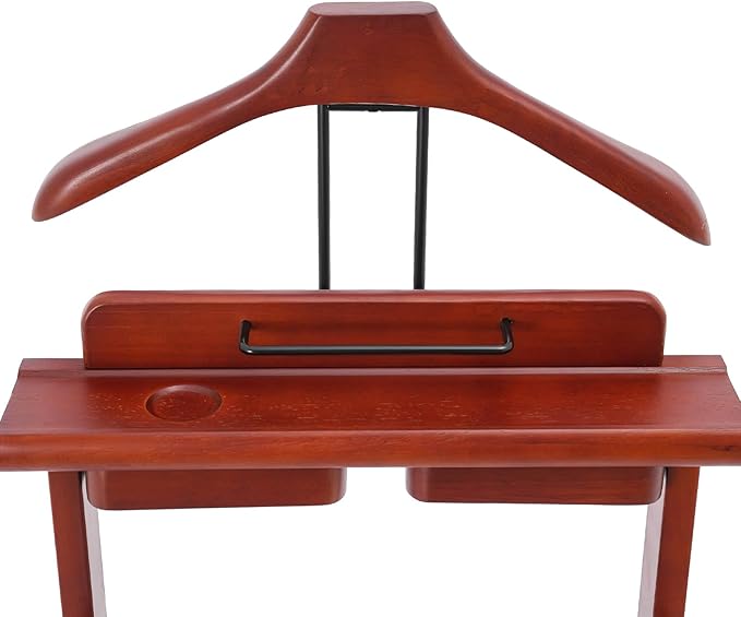 Clothes Valet Stand, Wood Valet Stand Suit Rack Stand with Drawer for Men/Women, Contour Hanger, Trouser Bar, Belt Hooks Shoe Rack, Freestanding Valet Stand (Reddish Orange)