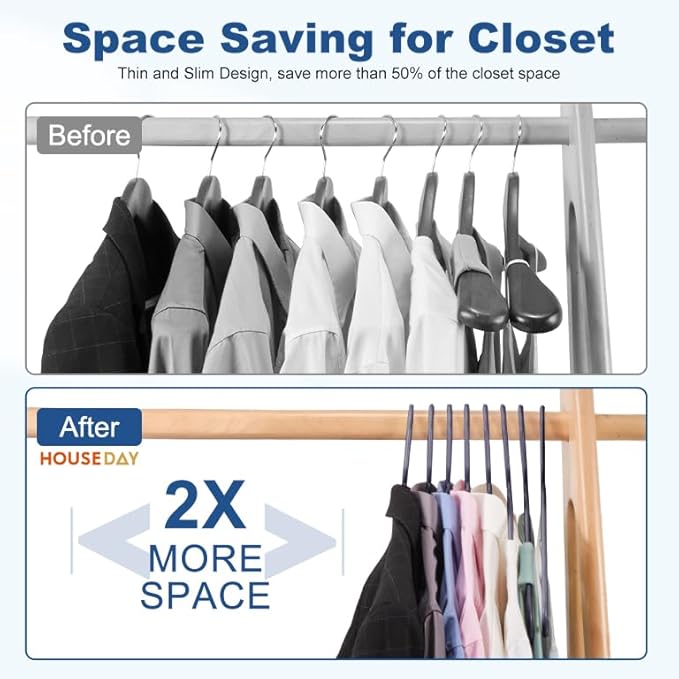 HOUSE DAY Plastic Hangers 20 Pack, Space Saving Clothes Hangers with Built-in Hooks, Durable & Strong Closet Organizers and Storage, Dorm Room Essential, Perfect for Shirts, Coat, Pants, Dress - Grey