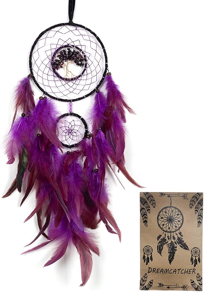 Dream Catcher, Handmade Dreamcatcher with Healing Crystal Stone, Tree of Life Dream Catchers Hanging Ornament for Home Bedroom Birthday Party, Perfect Craft Gift for Kids… (Purple)