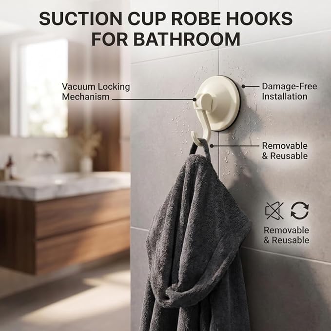 Powerful Suction Cup Hooks, 2-Pack Vacuum Wreath Hanger for Glass Door & Window, 20 lbs Large Waterproof Towel Hooks for Bathroom Shower, Removable No-Drill Utility Hooks, Cream