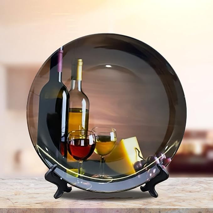 ALALAL 10'' Ceramic Decorative Plates Wine Bottle Grape Print Decorative Plate with Display Stand for Kitchen Dining Room Wine Cabinet Home Décor Art Decoration 10 inch