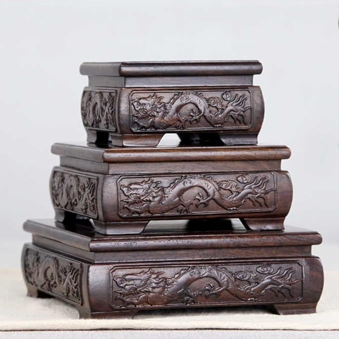 GOLDY&WENDY Square Solid Wood Pedestal Base Handmade Carving Rosewood Display Stand Vase Teapot Aquarium Lamp Display Risers