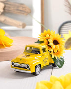 Huray Rayho Sunflower Metal Truck with Artificial Plastic Flower Yellow Vintage Farm Pickup Farmhouse Tabletop Tiered Tray Decor Home Kitchen Mantel Shelf Spring Mini Diecast Truck Decorations