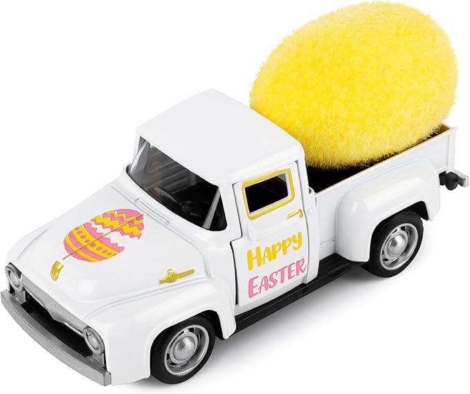Easter Metal Truck with Yellow Eggs Easter Party Decors Easters Gifts Basket Stuffers Farmhouse Vintage White Metal Truck Decor Vintage Collectible Car for Desk Bookshelf