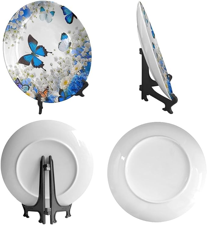Decorative Plate Stand, 6 Inch, Flower Butterfly Round Display Plate, Decorative Plates with Stand, for Kitchen Living Room Office Countertop Decor