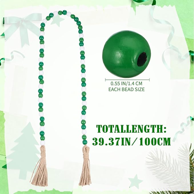 Equsion Seasonal Wooden Bead Garland with Tassels, 3.3 ft Holiday Vintage Boho Bead Garland Easter Tray Decoration, Vase Wall Room Art Birthday Party Decoration(Gradient Green)