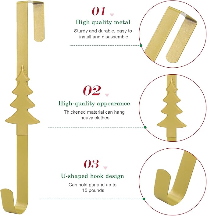 15 inches Christmas Decorative Wreath Hangers for Front Door;Over the Door Hooks (Gold, Christmas Tree)