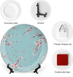 Japanese Spring Theme Decorative Ceramic Plate Round Porcelain Plate,Sakura Tree Branches Pattern,for Decorative Ornaments Giving Plates, 1 Plate with 1 Display Stand,Blue Pink,8 inch
