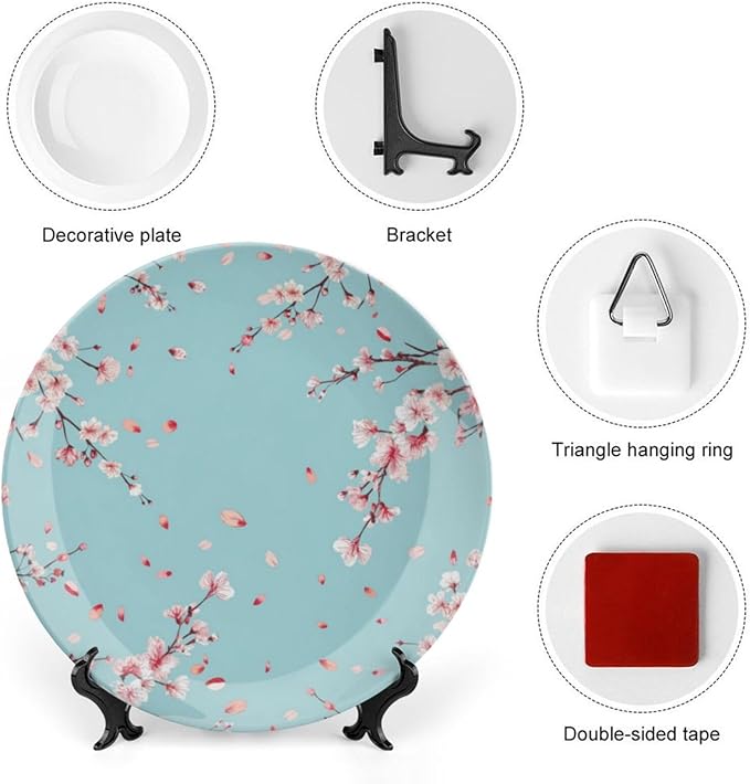 Japanese Spring Theme Decorative Ceramic Plate Round Porcelain Plate,Sakura Tree Branches Pattern,for Decorative Ornaments Giving Plates, 1 Plate with 1 Display Stand,Blue Pink,10 inch