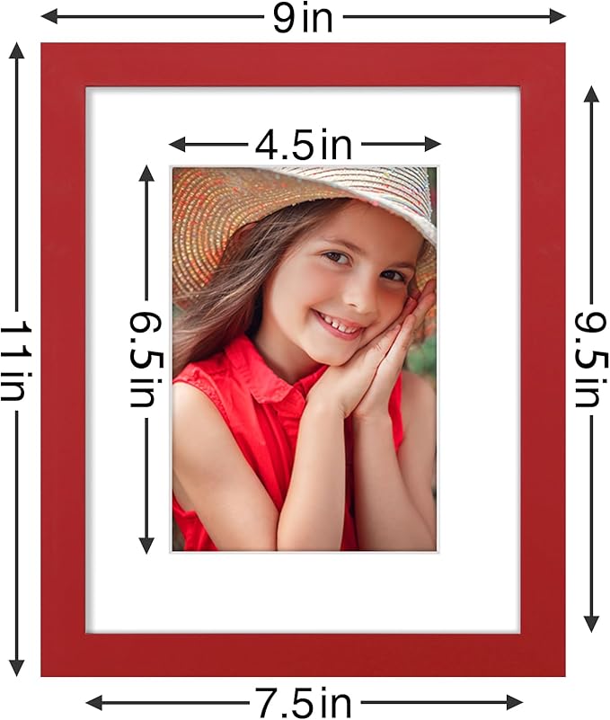 Vittanly 8x10 Picture Frames Set of 9, Shatter Resistant Plexiglass, Display 5x7 Pictures with Mat or 8x10 without Mat, Photo Frames for Wall or Tabletop, Engineered Wood, Red