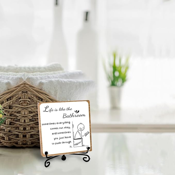 Funny Bathroom Decor, Bathroom Wooden Sign with Stand Decor, Farmhouse Home Toilet Desk Shelf Accessories, Rustic Table Decorations Supplies