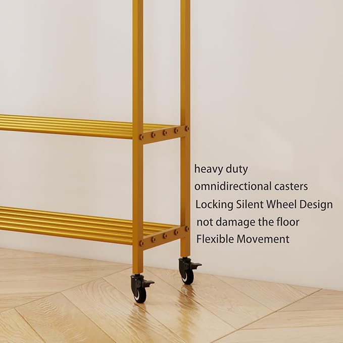 Gold Rolling Garment Rack with Shelves and Hooks,Freestanding Modern Clothing Rack with Wheels,Large Clothes Hanging Rack for Bedroom,Closet,Entryway,Wardrobe,Boutique Display