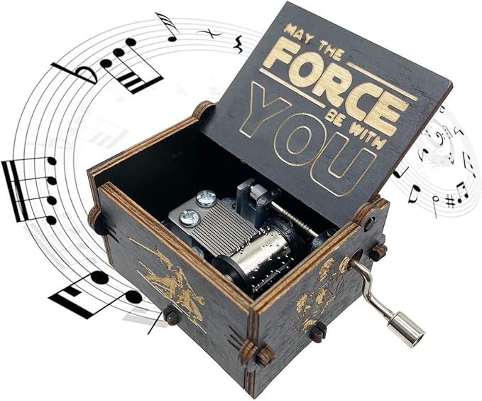 MAD DI Music Box, Wooden Hand Crank Unique Musical Boxes Theme Starwars, Mini Antique Vintage Craft Laser Engraved Home Decorations for Christmas, Wedding, Valentines, Birthday Gifts(Black)