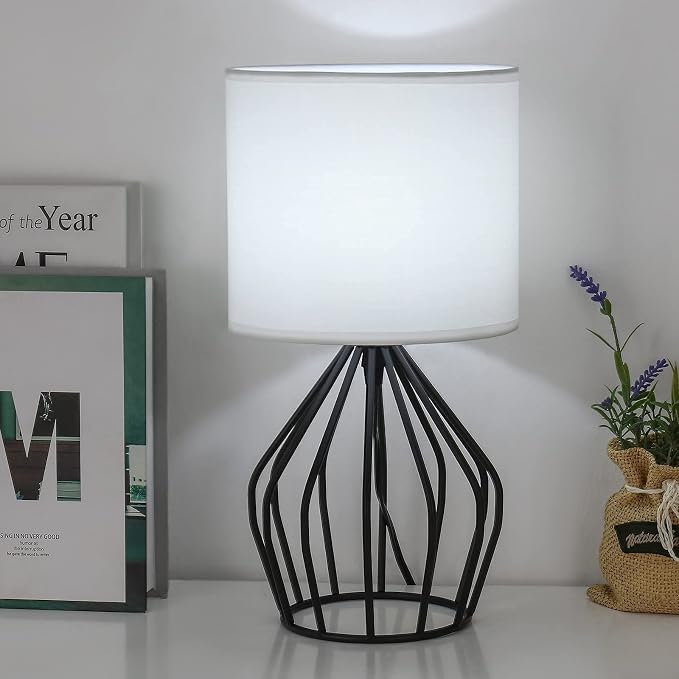 HAITRAL Modern Bedside Table Lamp - Minimalist Small Lamp with Hollowed Out Base Linen Fabric Shade,Metal Nightstand Lamp for Bedroom Living Room Side Table Desk Kids Room- Black/White
