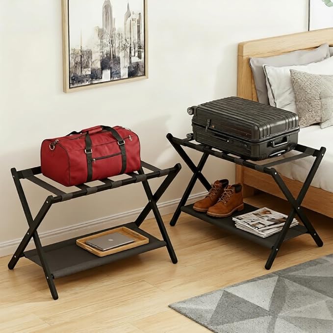 2 Pack Bamboo Luggage Rack for Guest Room, 26.77" Folding Wide Suitcase Stand with Fabric Storage Shelf, Thickened Luggage Stand Holder for Bedroom Hotel, Luggage Rack for Suitcases (2 Pack - Black)