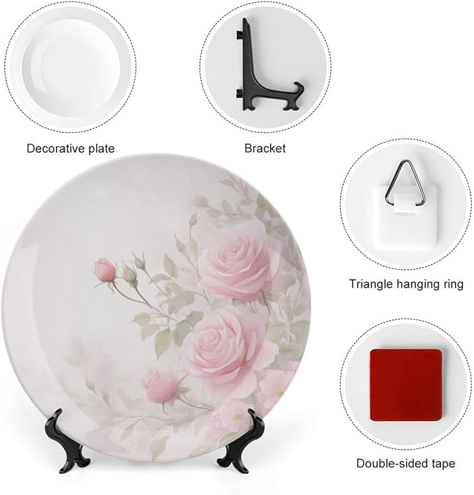 Rose Theme Decorative Ceramic Plate Round Porcelain Plate,7 inch,Floral Watercolor Pattern,for Decorative Ornaments Giving Plates,1 Plate with 1 Display Stand,Green Pink