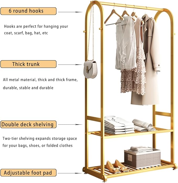 Gold Clothing Rack,Metal Garment Rack with Bottom Storage Shelves and 6 Side Hooks,modern Sturdy clothes racks for hanging clothes,Freestanding Wardrobe Rack for Bedroom or Boutique (L:23.6in)