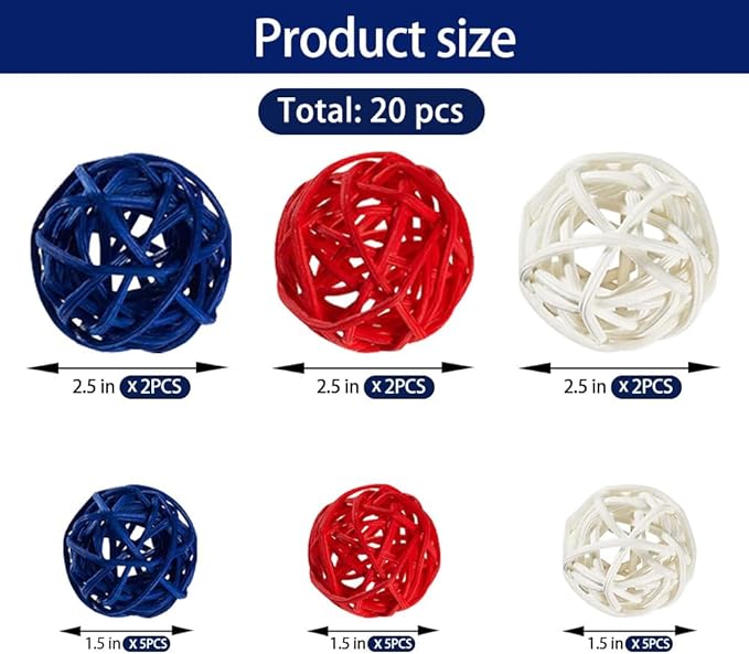 Qingbei Rina 4th of July Wicker Rattan Balls,Independence Day Decorative Balls for Bowls,Vase Filler for Centerpieces,Red White Blue Bowl Fillers for Home Decor,Memorial Day 20 PCS