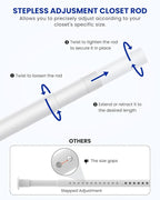 Closet Rods for Hanging Clothes, 17 to 28 Inches Stepless Adjustable Metal Closet Rod, 1.3 Inches Heavy Duty Clothes Hanging Rod for Closet Wardrobes Laundry RV, White