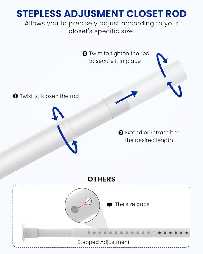Closet Rods for Hanging Clothes, 17 to 84 Inches Stepless Adjustable Metal Closet Rod, 1.3 Inches Heavy Duty Clothes Hanging Rod for Closet Wardrobes Laundry RV, White