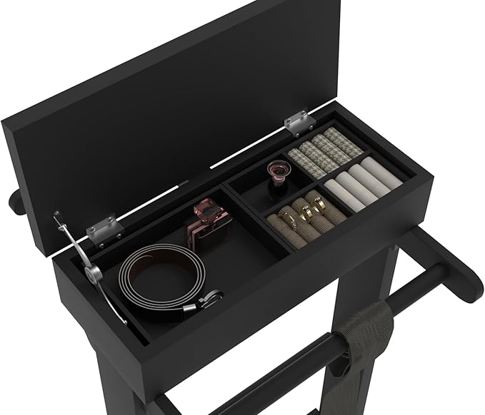 Mens Valet Stand with Top Tray Organizer, Shoe Shelf and Suit Rack, Wooden Clothes Valet Stand for Bedroom Entryway (Black)