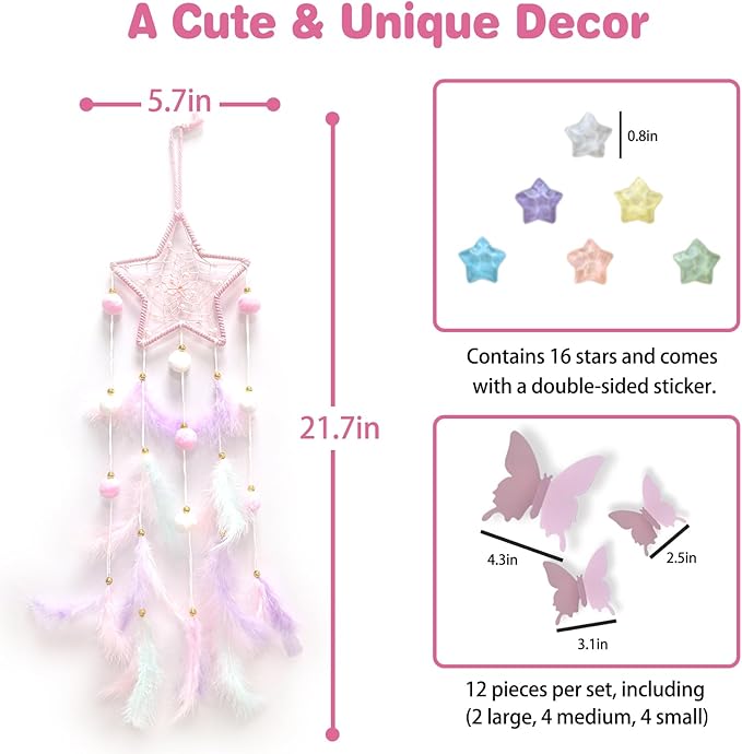 Fun-Plus Pink Dream Catcher Wall Hanging Set - 10 Butterflies & 16 Stars, Boho Room Decor for Girls, Easy Peel & Stick Wall Art