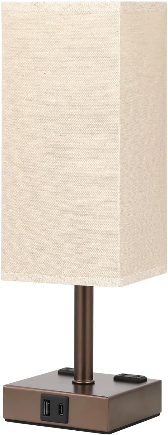 aooshine Brown Touch Table Lamp - Bedside Lamp with USB A + Type C Charging Ports and Two AC Outlets, Small Night Stand with E26 LED Bulb, Desk Light for Bedroom Living Room Office Dorm