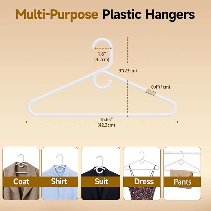 White Plastic Hangers 36 Pack, Heavy Duty Clothes Hangers for Standard Size Hangers with Center Hook & Non-Slip Pants Bar for Shirts, Pants, Coat, Dresses, Jackets, Scarves and Belts