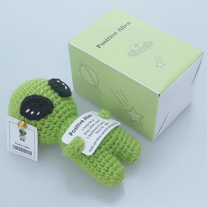 Positive Alien Crochet Plush with Message Affirmation Card - Appreciation Birthday Gift for Women Men, Her Him, Teen, Boy Girl, Inspirational College High School Graduation Congrats Grad Decoration