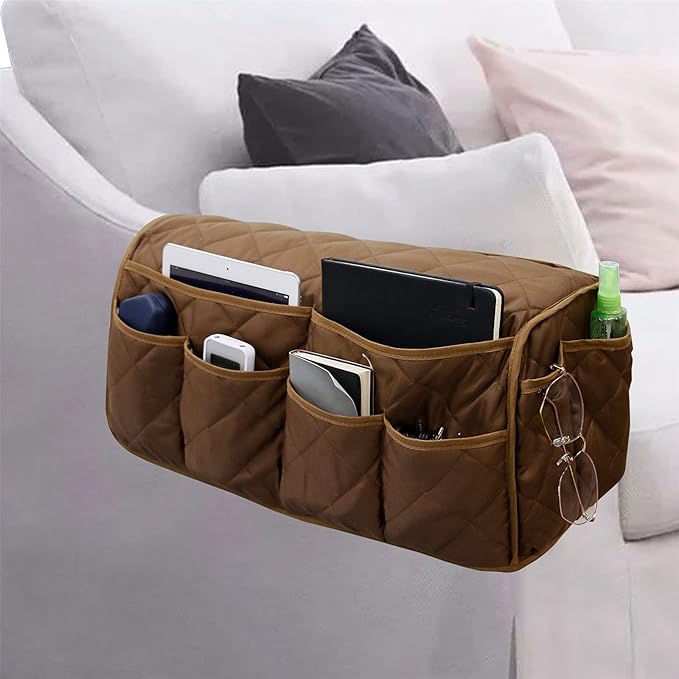 Armchair Caddy, Sofa Armrest Organizer with 14 Pockets, Waterproof Non Slip Recliner Remote Control Holder, Couch Chair Arm Storage for TV Remotes, Phone, iPad, Magazine, Books