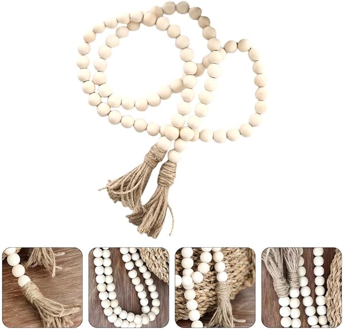 IMIKEYA Wooden Bead Tassel Decoration 57 Inch Natural Wood Beads Garland for Farmhouse Boho and French Country Home Decor Perfect for Tiered Trays and Centerpieces