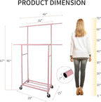 Fishat Portable Pink Double Rods Garment Rack with Rolling Clothes Organizer on Lockable Wheels Mobile for Gilr Women, 48" W x 15" D x 67" H, Metal Simple Hanging Clothes with 2 Hook