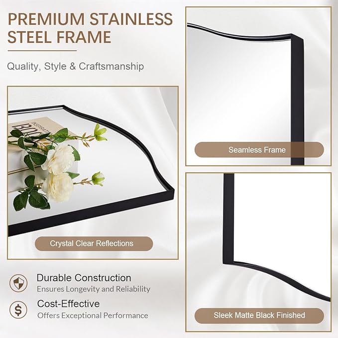 ANDY STAR Rectangle Scalloped Mirror, 24"x40" Matte Black Bathroom Mirror in SUS304 Stainless Steel Metal Frame, Irregular Vanity Mirror with Unique Arched Top Design