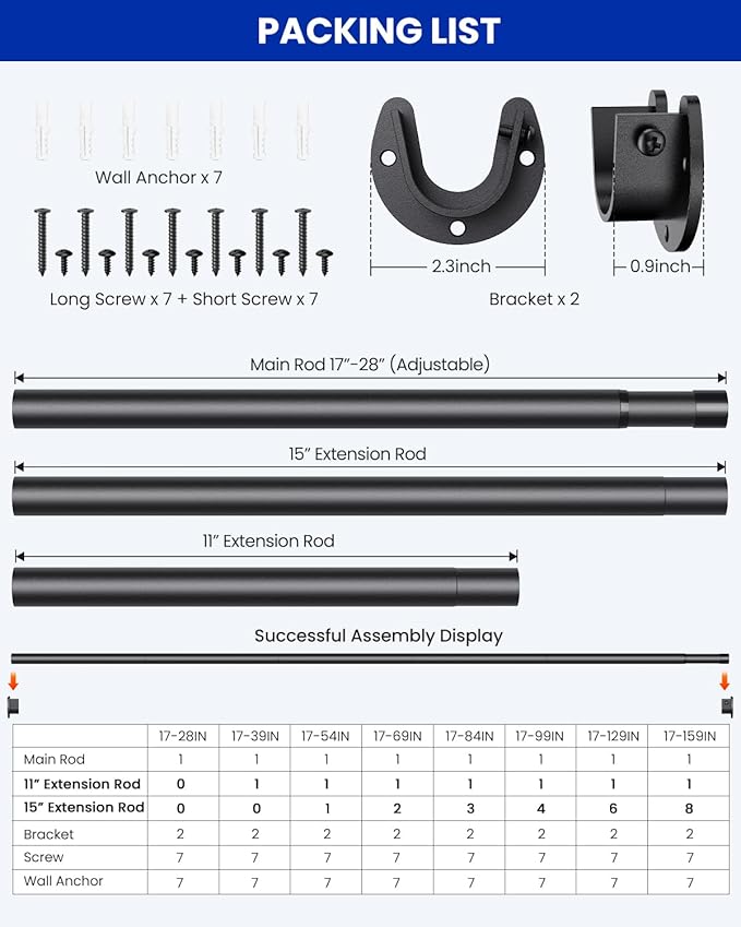Closet Rods for Hanging Clothes, 17 to 159 Inches Stepless Adjustable Metal Closet Rod, 1.3 Inches Heavy Duty Clothes Hanging Rod for Closet Wardrobes Laundry RV, Black