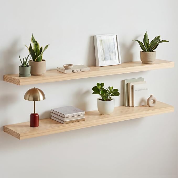 Homeforia 48 inch Natural Floating Shelf, High End Solid Real Wood 48inch Small Floating Shelves for Wall Mounted, Natural Wooden Floating Shelves, Heavy Duty Bracket, 48 X 6.5 X 1.75 in, Set of 2