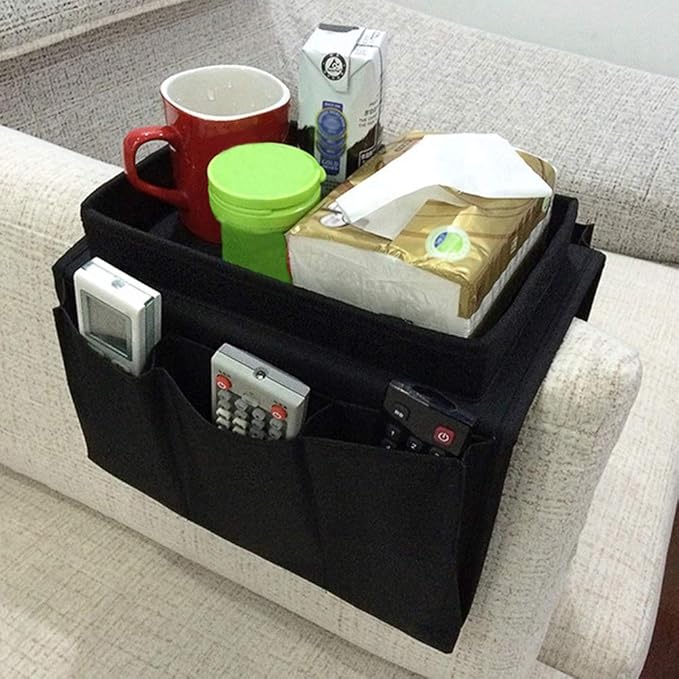 Sofa Armrest Organizer, Couch TV Remote Storage Organizer with Pockets for Recliner Armchair Snacks Glasses Smartphone Magazines Pouch (Black)