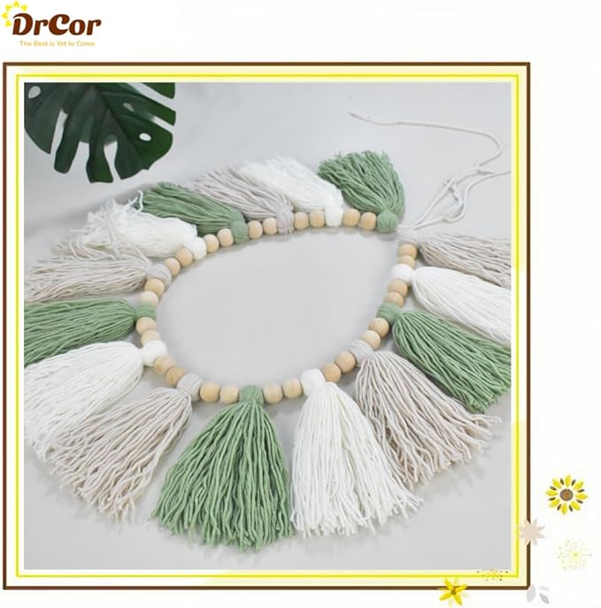 DrCor Sage Green Tassel Garland – Boho Classroom Decor, Bulletin Board Decorations, Nursery Wall Hanging, Neutral Kids Room Decor, Baby Shower, Back to School Banner