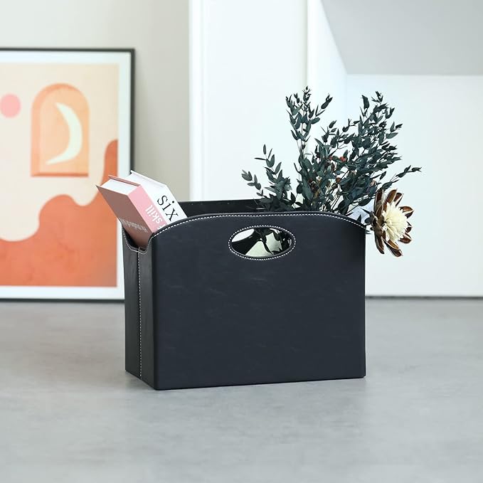 EZDeco Magazine Holder Foldable Magazine Rack Floor PU Leather File Holder Newspaper Book Storage Magazine Basket Document File Folder Organizer for Office Home (Black)