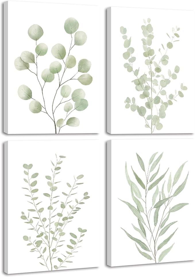 Drsoum Botanical Plant Framed Wall Art Boho Wall Decor for Bathroom Sage Green Eucalyptus Leaf Prints Minimalist Aesthetic Ready to Hang Set of 4, 8x10 in (Framed)