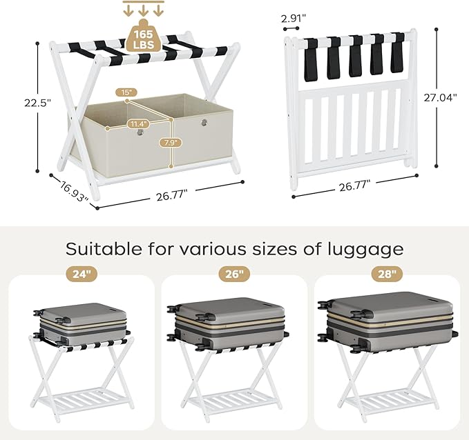 Fully Assembled Luggage Racks Set of 2 with 4 Foldable Cube Storage Bins, 26.77" Bamboo Luggage Rack Stand for Guest Room, 5 Nylon Straps, Suitcase Stand with Storage Shelf for Bedroom Hotel, White