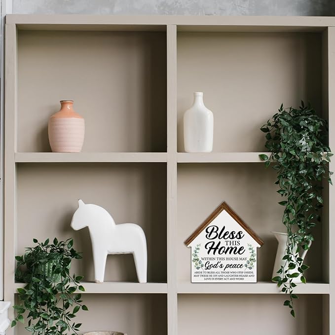 Housewarming Gifts, Christian Home Decor, Gifts for New Home Owner, Bless this Home House Shaped Wooden Block Sign Living Room Decor for Desk Table Shelf
